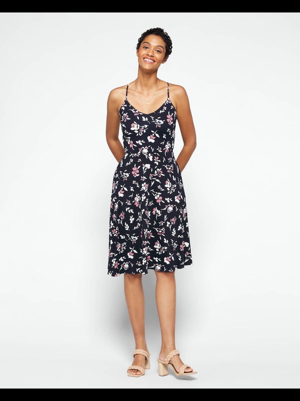 Nine Britton Angie Knit Dress Floral Spaghetti-Strap Navy Dress